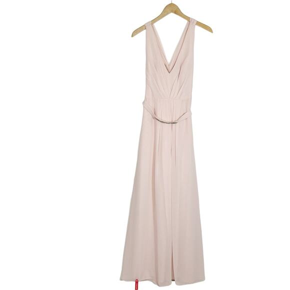JENNY PACKHAM V-neck Cross Back Crystal Belt Blush Gown - Picture 3 of 14
